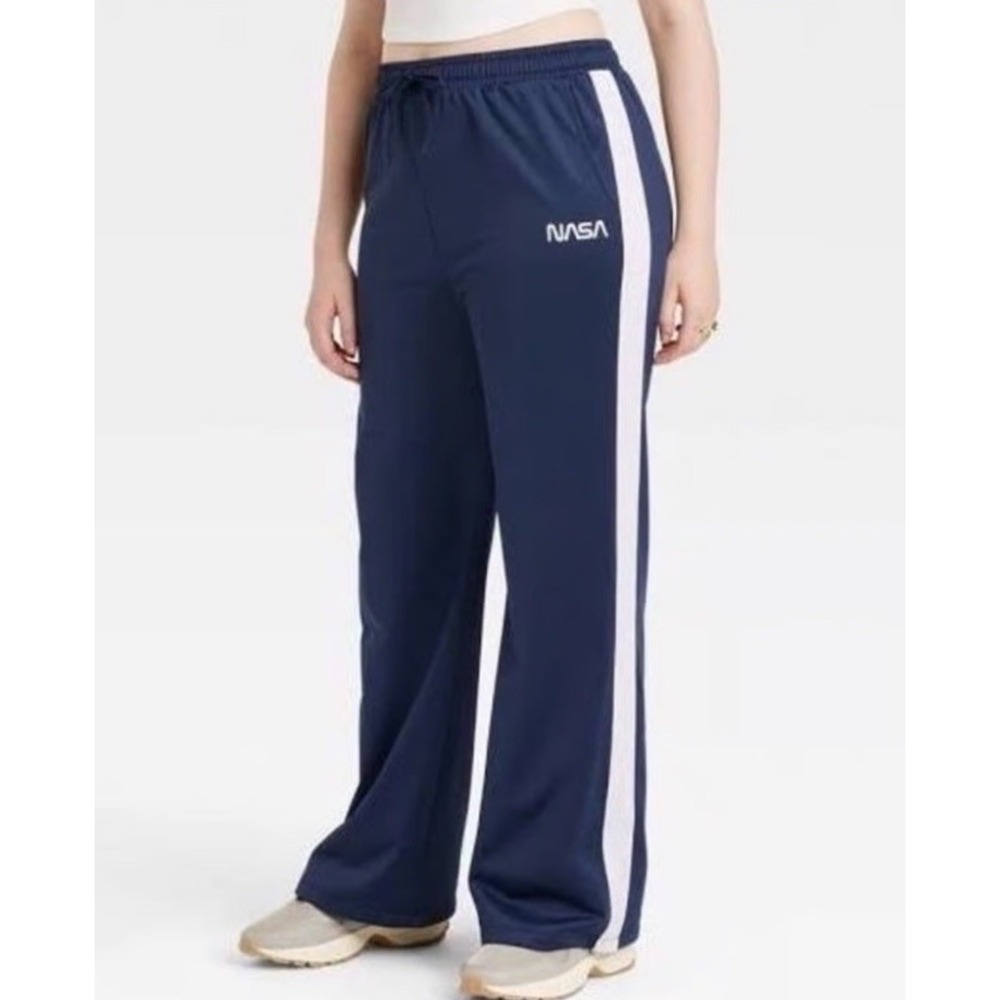 Mighty Fine Women's NASA Wide Leg Track Pants Navy Blue White‎ Stripe XS